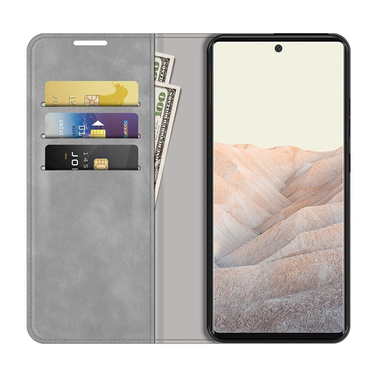 Folio Flip Style Skin-touch Auto-absorbed PU Leather Wallet Shockproof Stand Protective Cover for Google Pixel 6 Pro - Grey