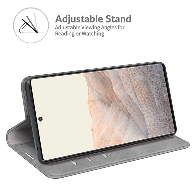 Folio Flip Style Skin-touch Auto-absorbed PU Leather Wallet Shockproof Stand Protective Cover for Google Pixel 6 Pro - Grey