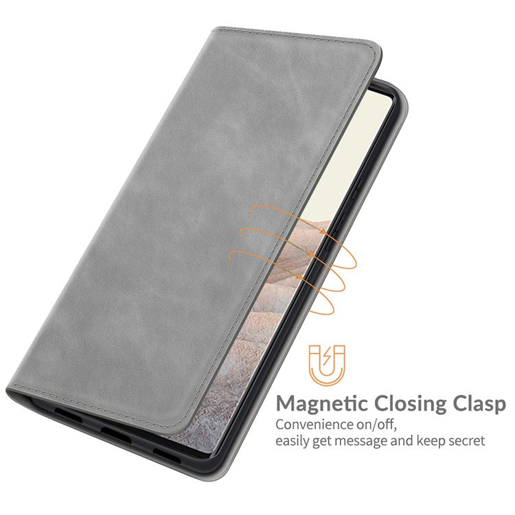 Folio Flip Style Skin-touch Auto-absorbed PU Leather Wallet Shockproof Stand Protective Cover for Google Pixel 6 Pro - Grey