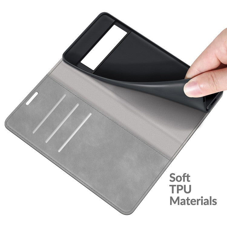 Folio Flip Style Skin-touch Auto-absorbed PU Leather Wallet Shockproof Stand Protective Cover for Google Pixel 6 Pro - Grey