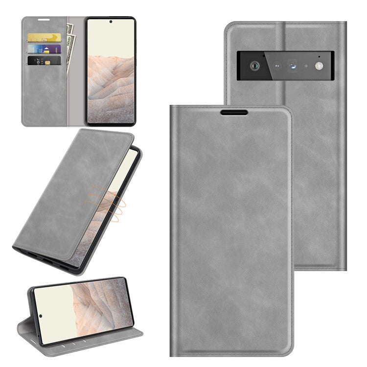 Folio Flip Style Skin-touch Auto-absorbed PU Leather Wallet Shockproof Stand Protective Cover for Google Pixel 6 Pro - Grey