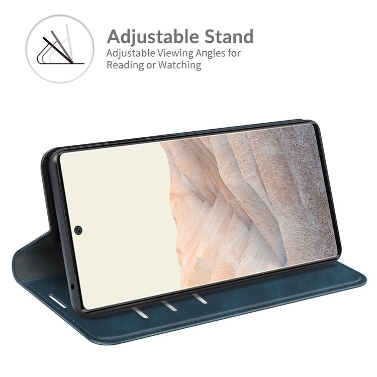 Folio Flip Style Skin-touch Auto-absorbed PU Leather Wallet Shockproof Stand Protective Cover for Google Pixel 6 Pro - Blue