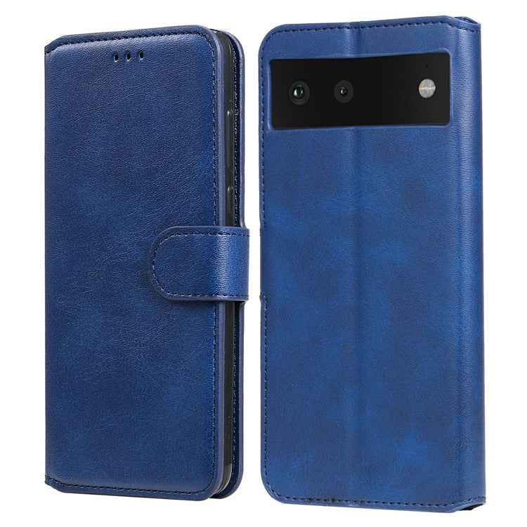 All-round Protective Leather Wallet Cell Phone Cover Shell with Stand for Google Pixel 6 - Blue