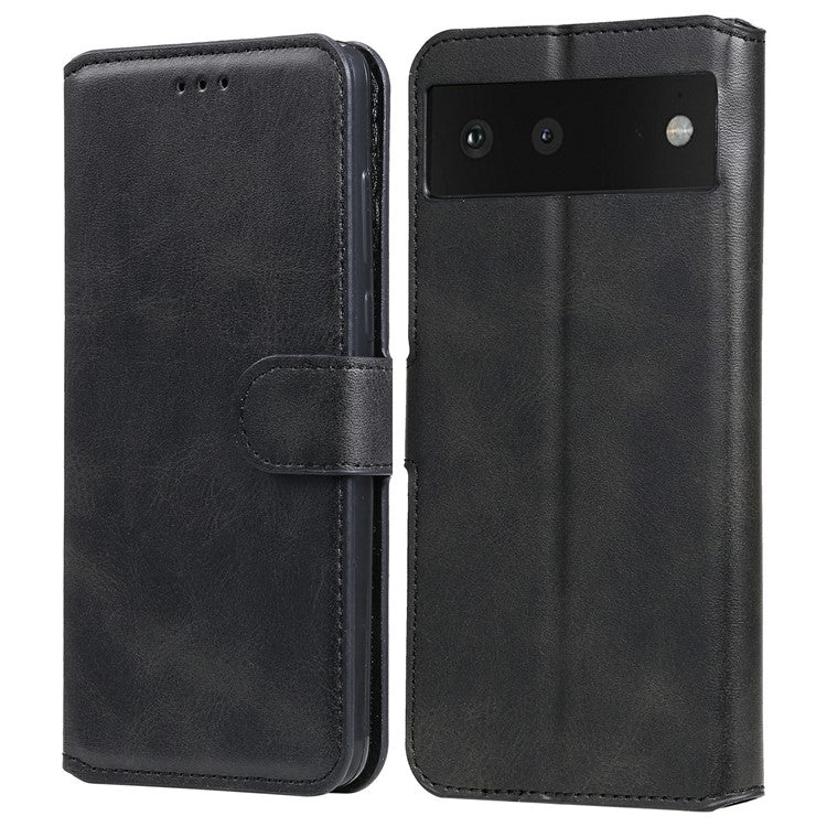 All-round Protective Leather Wallet Cell Phone Cover Shell with Stand for Google Pixel 6 - Black