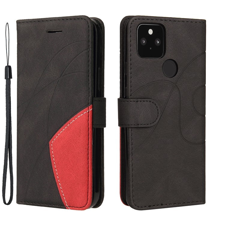 KT Leather Series-1 Dual-Color Contrast PU Leather Wallet Stand Case Cover with Wrist Strap for Google Pixel 5 XL - Black