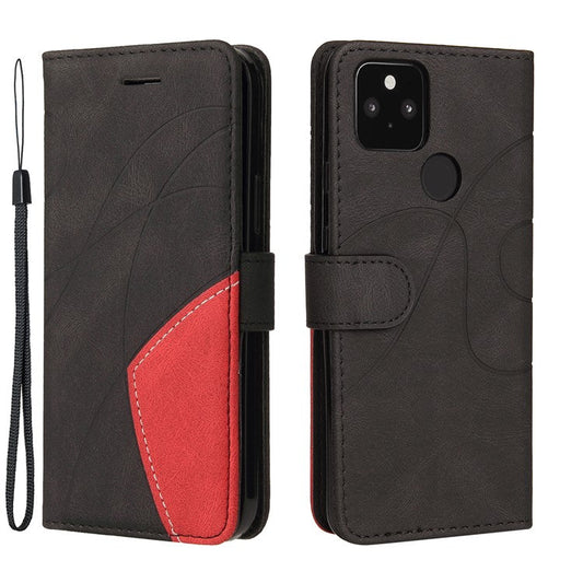 KT Leather Series-1 Dual-Color Contrast PU Leather Wallet Stand Case Cover with Wrist Strap for Google Pixel 5 XL - Black