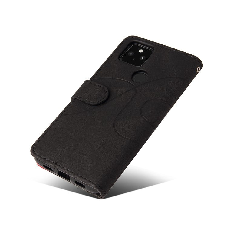 KT Leather Series-1 Dual-Color Contrast PU Leather Wallet Stand Case Cover with Wrist Strap for Google Pixel 5 XL - Black