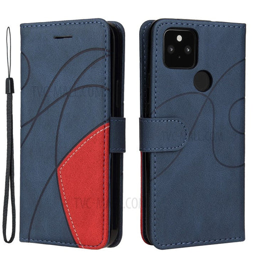 KT Leather Series-1 Dual-Color Contrast PU Leather Wallet Stand Case Cover with Wrist Strap for Google Pixel 5 XL - Blue