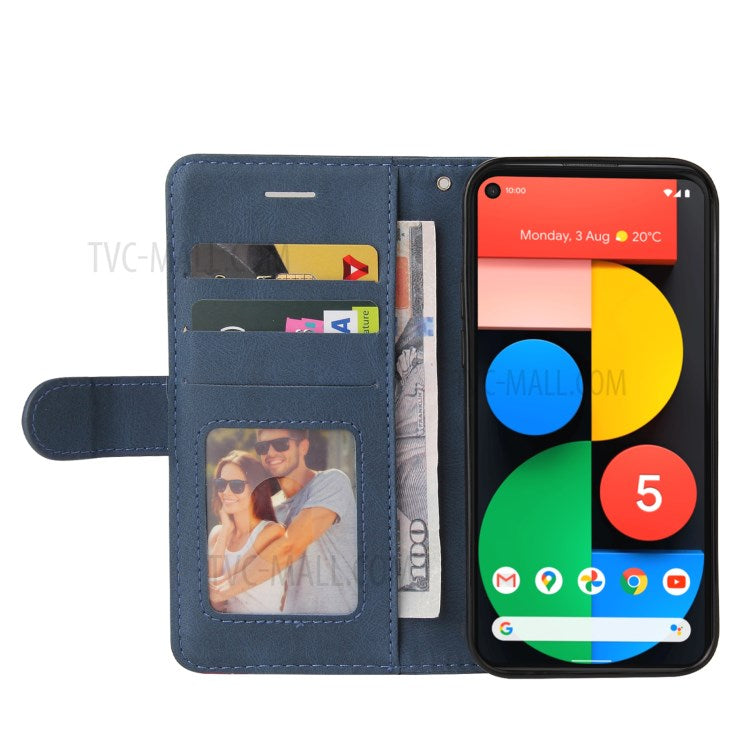 KT Leather Series-1 Dual-Color Contrast PU Leather Wallet Stand Case Cover with Wrist Strap for Google Pixel 5 XL - Blue