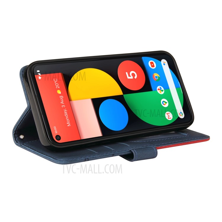 KT Leather Series-1 Dual-Color Contrast PU Leather Wallet Stand Case Cover with Wrist Strap for Google Pixel 5 XL - Blue