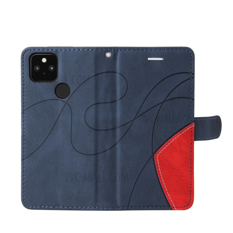 KT Leather Series-1 Dual-Color Contrast PU Leather Wallet Stand Case Cover with Wrist Strap for Google Pixel 5 XL - Blue