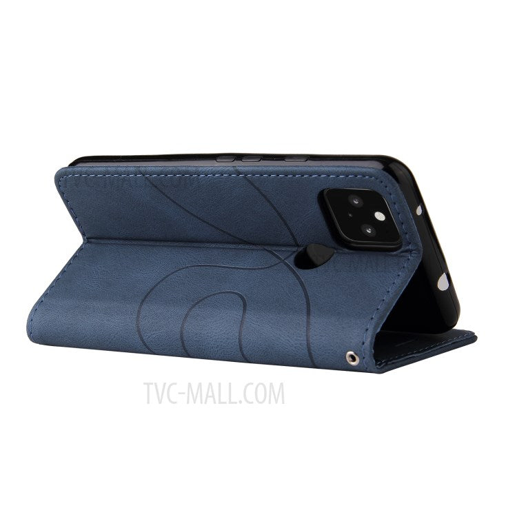 KT Leather Series-1 Dual-Color Contrast PU Leather Wallet Stand Case Cover with Wrist Strap for Google Pixel 5 XL - Blue