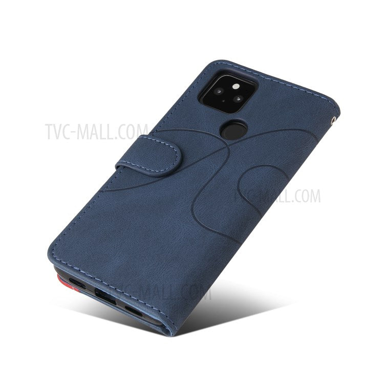 KT Leather Series-1 Dual-Color Contrast PU Leather Wallet Stand Case Cover with Wrist Strap for Google Pixel 5 XL - Blue