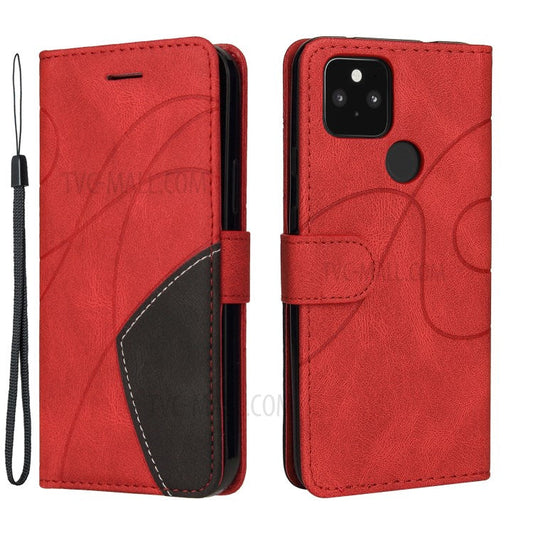 KT Leather Series-1 Dual-Color Contrast PU Leather Wallet Stand Case Cover with Wrist Strap for Google Pixel 5 XL - Red