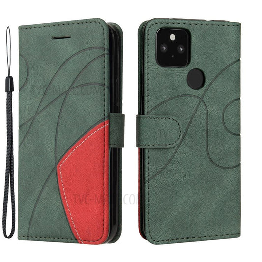 KT Leather Series-1 Dual-Color Contrast PU Leather Wallet Stand Case Cover with Wrist Strap for Google Pixel 5 XL - Green