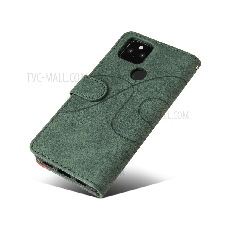 KT Leather Series-1 Dual-Color Contrast PU Leather Wallet Stand Case Cover with Wrist Strap for Google Pixel 5 XL - Green