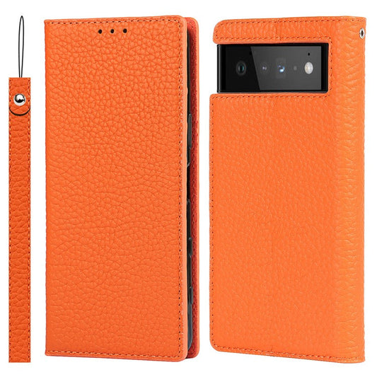 Genuine Leather Litchi Texture Cover Wallet Stand Phone Case with Strap for Google Pixel 6 - Orange