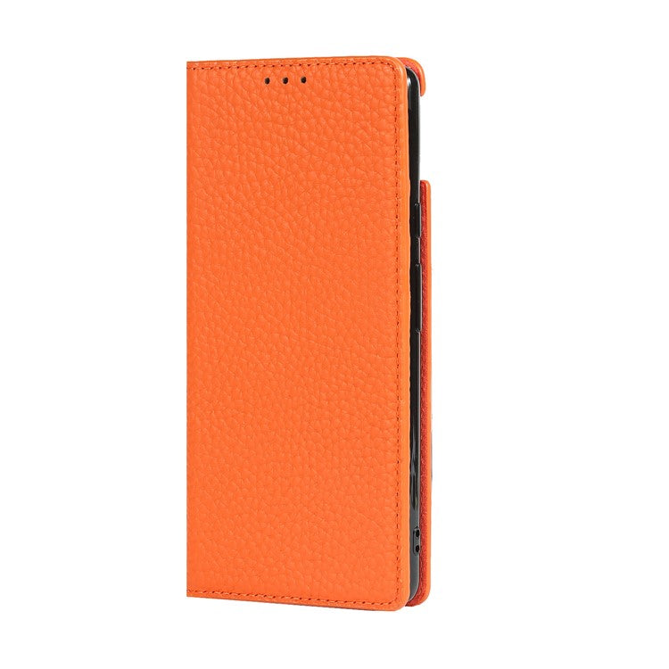 Genuine Leather Litchi Texture Cover Wallet Stand Phone Case with Strap for Google Pixel 6 - Orange