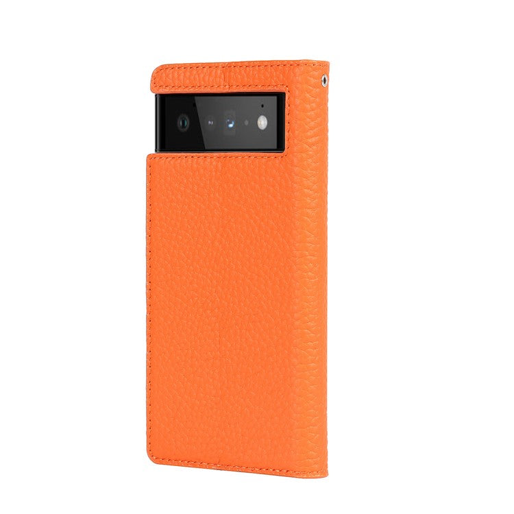 Genuine Leather Litchi Texture Cover Wallet Stand Phone Case with Strap for Google Pixel 6 - Orange