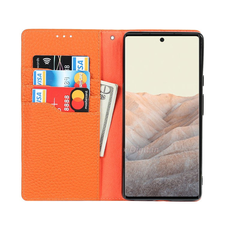 Genuine Leather Litchi Texture Cover Wallet Stand Phone Case with Strap for Google Pixel 6 - Orange