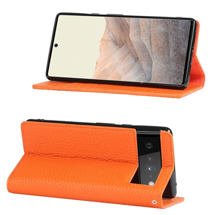 Genuine Leather Litchi Texture Cover Wallet Stand Phone Case with Strap for Google Pixel 6 - Orange