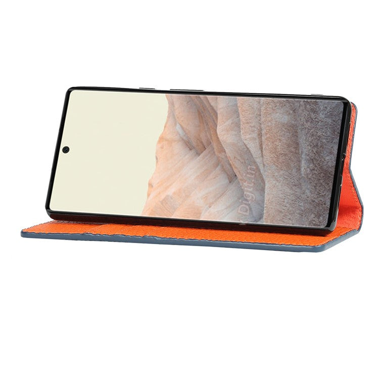 Genuine Leather Litchi Texture Cover Wallet Stand Phone Case with Strap for Google Pixel 6 - Orange