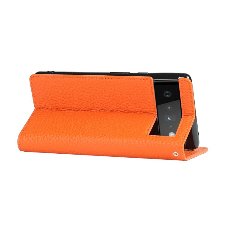 Genuine Leather Litchi Texture Cover Wallet Stand Phone Case with Strap for Google Pixel 6 - Orange