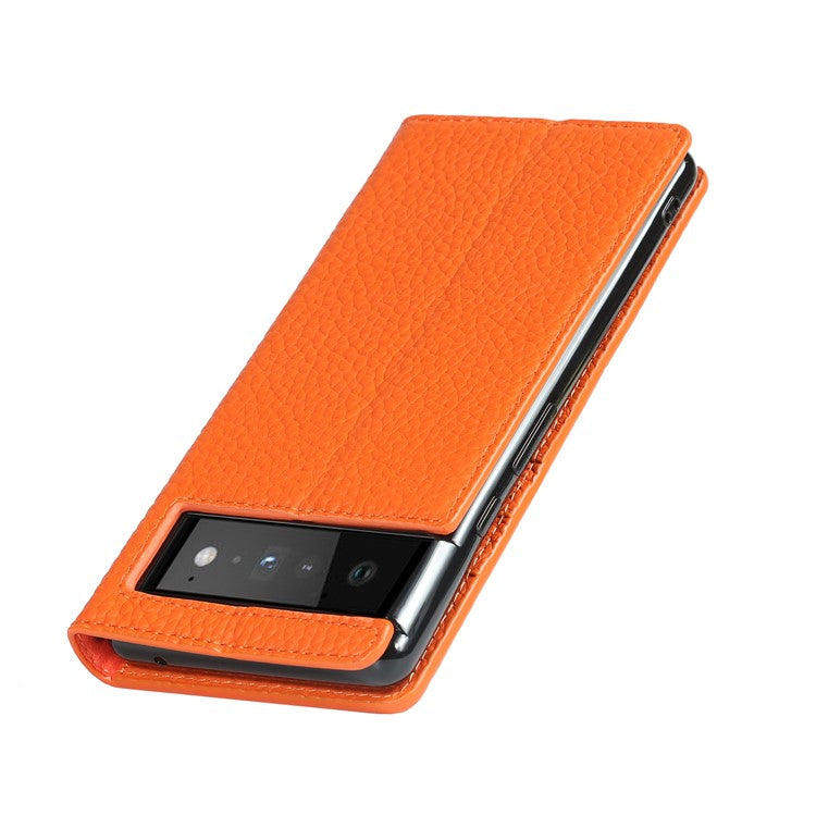 Genuine Leather Litchi Texture Cover Wallet Stand Phone Case with Strap for Google Pixel 6 - Orange