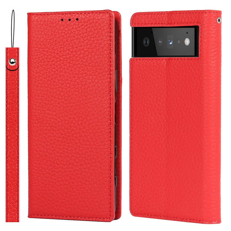 Genuine Leather Litchi Texture Cover Wallet Stand Phone Case with Strap for Google Pixel 6 - Red