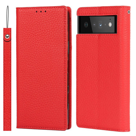 Genuine Leather Litchi Texture Cover Wallet Stand Phone Case with Strap for Google Pixel 6 - Red
