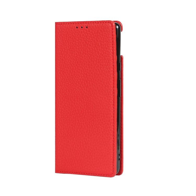 Genuine Leather Litchi Texture Cover Wallet Stand Phone Case with Strap for Google Pixel 6 - Red