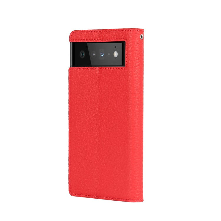 Genuine Leather Litchi Texture Cover Wallet Stand Phone Case with Strap for Google Pixel 6 - Red