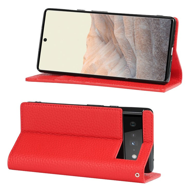 Genuine Leather Litchi Texture Cover Wallet Stand Phone Case with Strap for Google Pixel 6 - Red