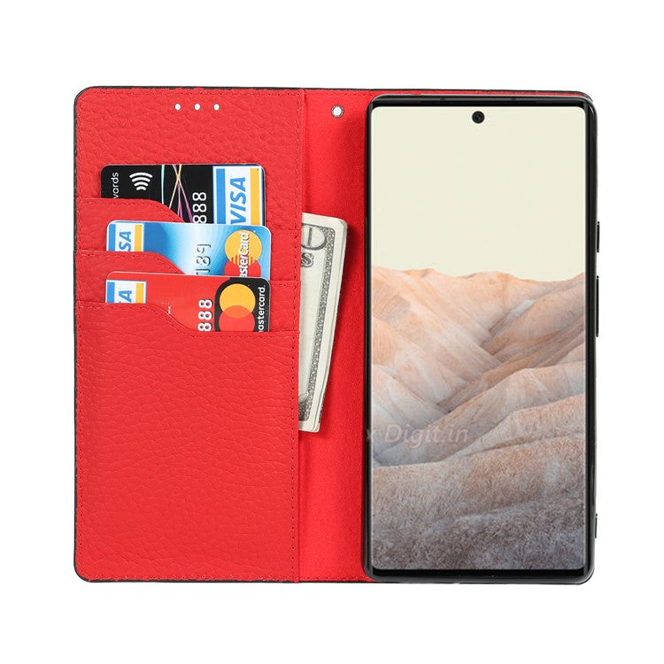 Genuine Leather Litchi Texture Cover Wallet Stand Phone Case with Strap for Google Pixel 6 - Red