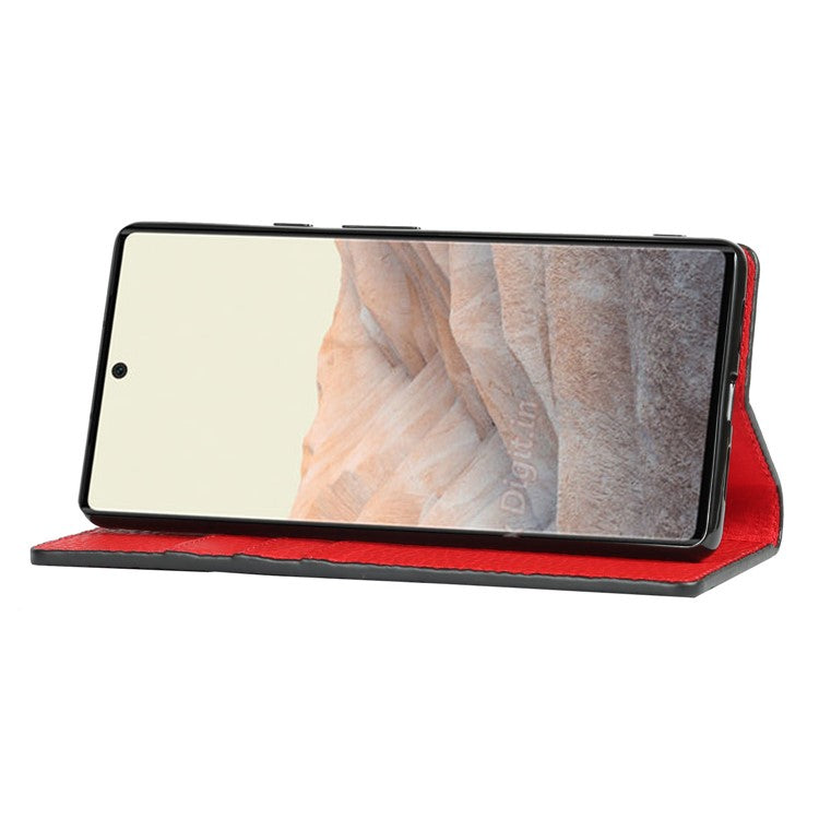 Genuine Leather Litchi Texture Cover Wallet Stand Phone Case with Strap for Google Pixel 6 - Red