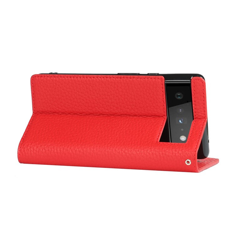 Genuine Leather Litchi Texture Cover Wallet Stand Phone Case with Strap for Google Pixel 6 - Red