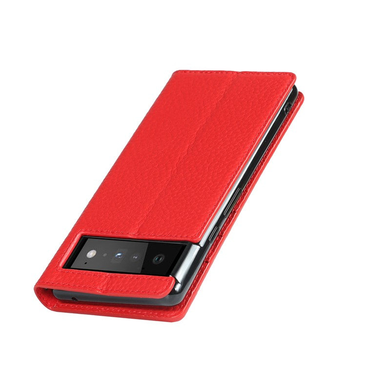 Genuine Leather Litchi Texture Cover Wallet Stand Phone Case with Strap for Google Pixel 6 - Red