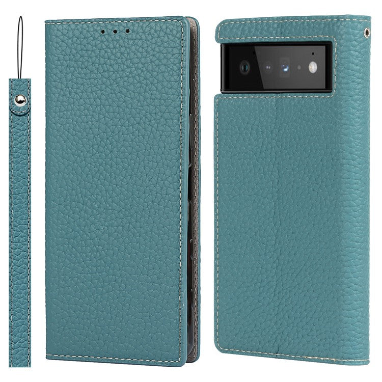 Genuine Leather Litchi Texture Cover Wallet Stand Phone Case with Strap for Google Pixel 6 - Baby Blue