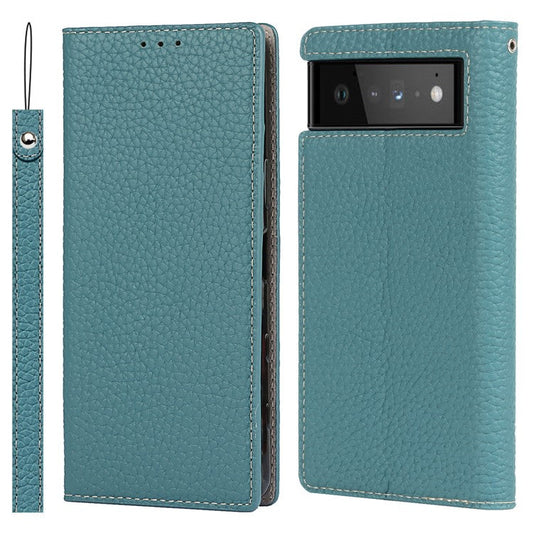 Genuine Leather Litchi Texture Cover Wallet Stand Phone Case with Strap for Google Pixel 6 - Baby Blue