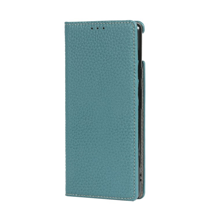 Genuine Leather Litchi Texture Cover Wallet Stand Phone Case with Strap for Google Pixel 6 - Baby Blue