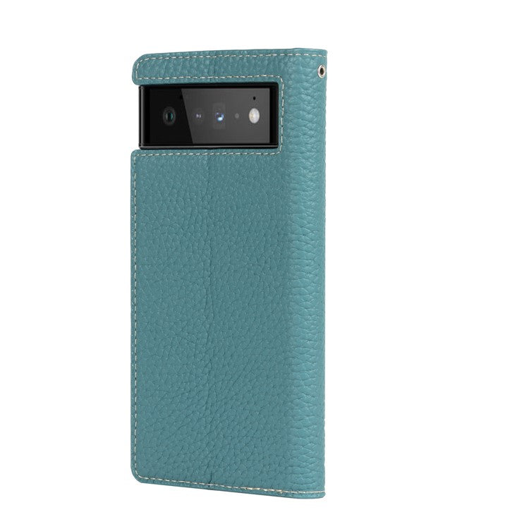 Genuine Leather Litchi Texture Cover Wallet Stand Phone Case with Strap for Google Pixel 6 - Baby Blue