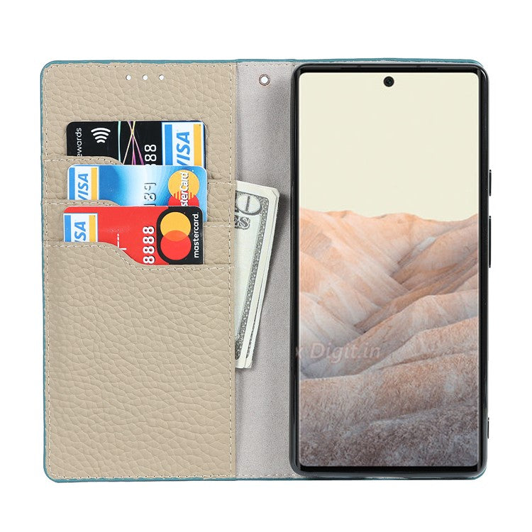 Genuine Leather Litchi Texture Cover Wallet Stand Phone Case with Strap for Google Pixel 6 - Baby Blue