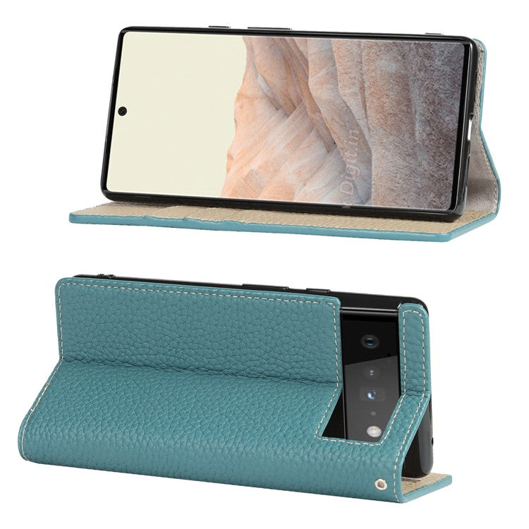 Genuine Leather Litchi Texture Cover Wallet Stand Phone Case with Strap for Google Pixel 6 - Baby Blue