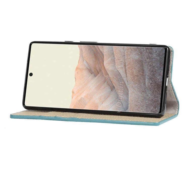 Genuine Leather Litchi Texture Cover Wallet Stand Phone Case with Strap for Google Pixel 6 - Baby Blue