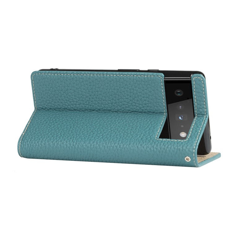 Genuine Leather Litchi Texture Cover Wallet Stand Phone Case with Strap for Google Pixel 6 - Baby Blue