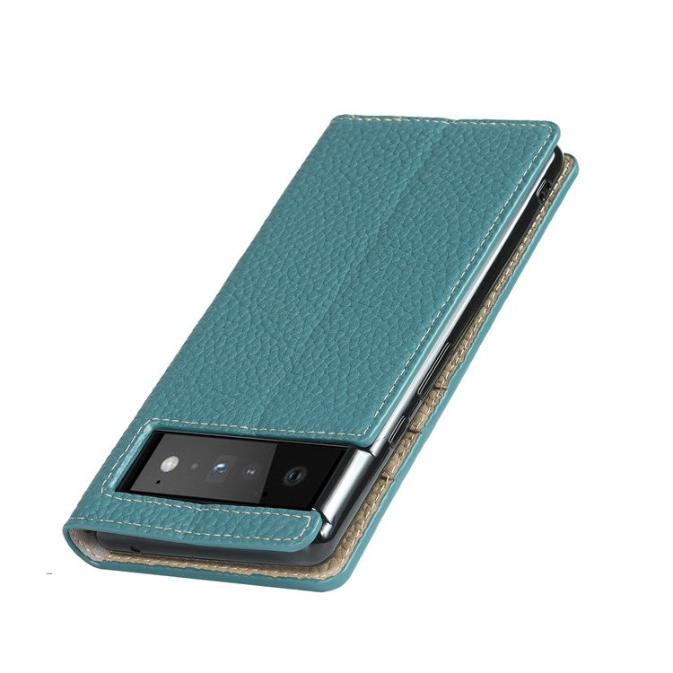 Genuine Leather Litchi Texture Cover Wallet Stand Phone Case with Strap for Google Pixel 6 - Baby Blue