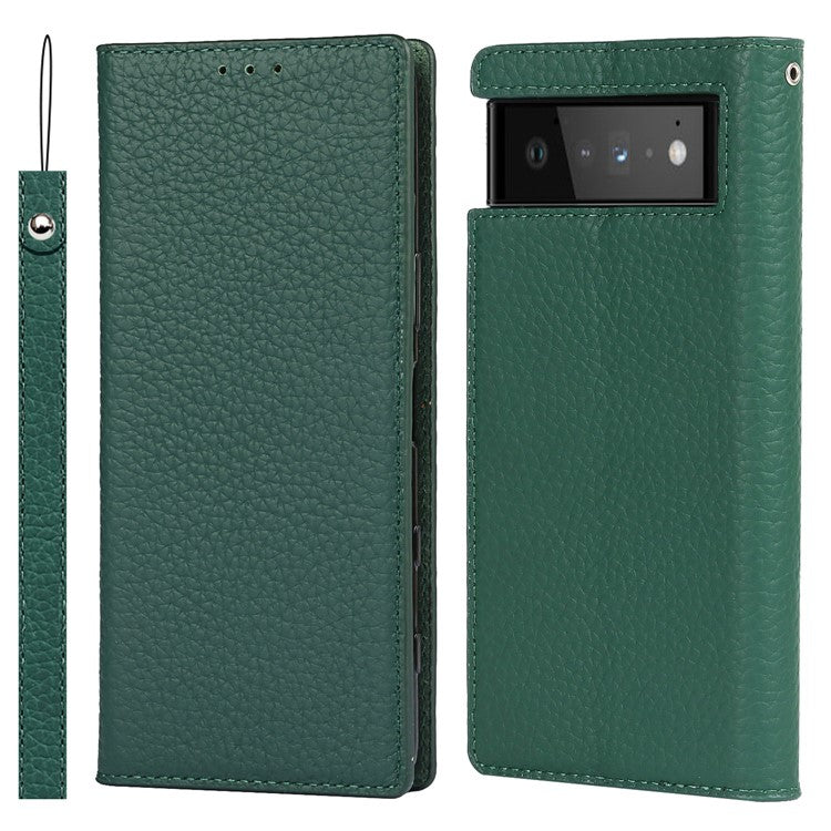 Genuine Leather Litchi Texture Cover Wallet Stand Phone Case with Strap for Google Pixel 6 - Green