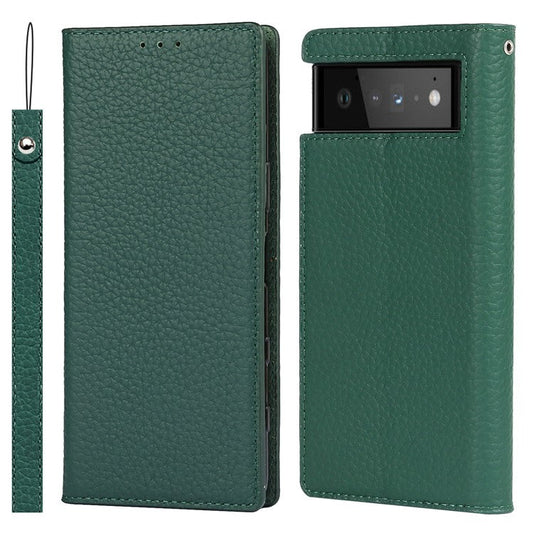 Genuine Leather Litchi Texture Cover Wallet Stand Phone Case with Strap for Google Pixel 6 - Green