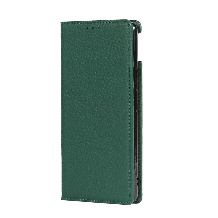 Genuine Leather Litchi Texture Cover Wallet Stand Phone Case with Strap for Google Pixel 6 - Green