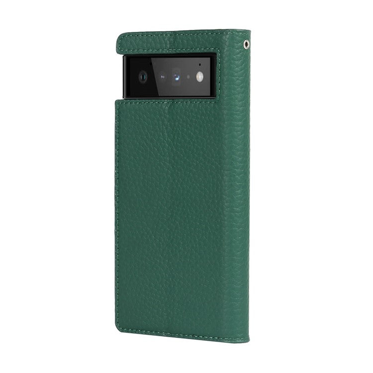 Genuine Leather Litchi Texture Cover Wallet Stand Phone Case with Strap for Google Pixel 6 - Green